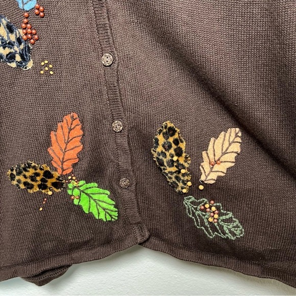 Breckenridge Women Cardigan Sweater XL Chocolate Brown Fall Leaves Artsy - Picture 5 of 10